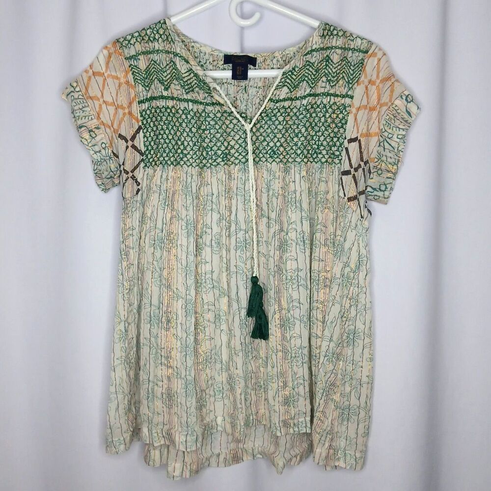 Rachel Roy Peasant Blouse Embroidered Short Slve Boho Top Relaxed Fit Womens Med